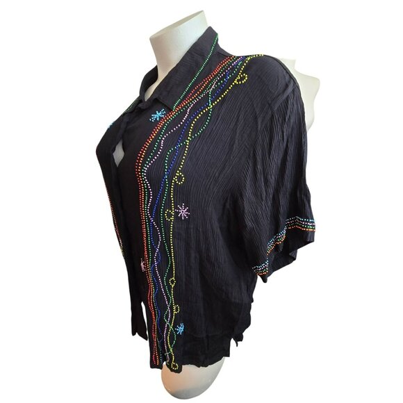 Black Crinkle Blouse With Colorful Beaded Embroidery Detail Size 4X JJ4089 - Picture 4 of 7